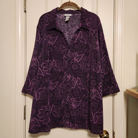 Catherines 2X Polyester/Spandex Buttondown Top EUC Purple Paisley Floral Print - Picture 1 of 7